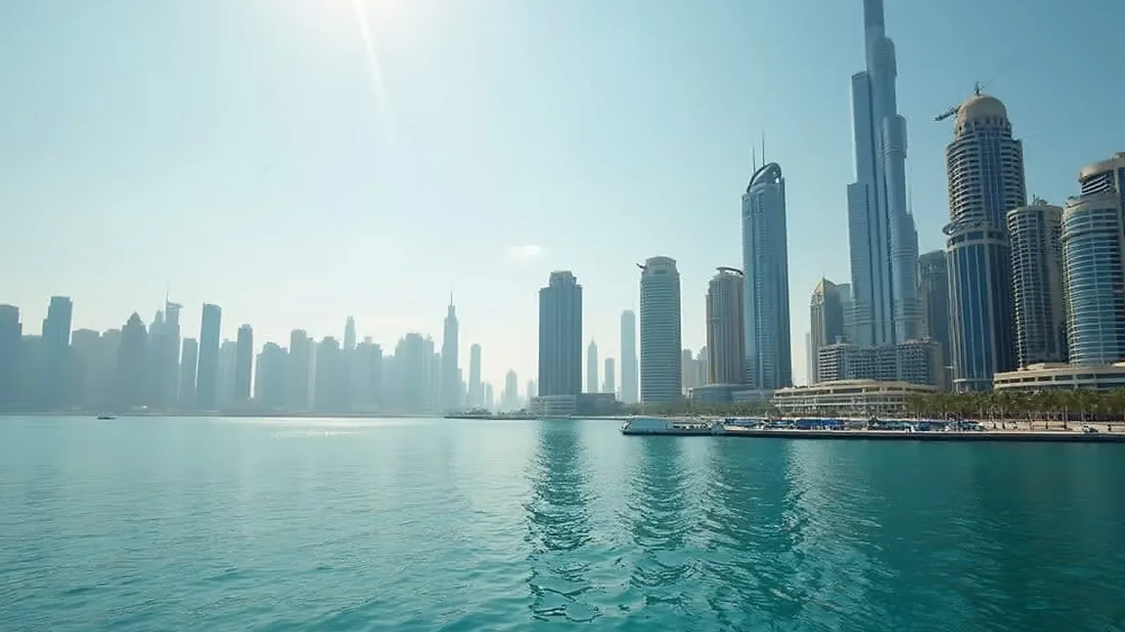 Dubai's high-rise skyline seen across calm turquoise water on a hazy day