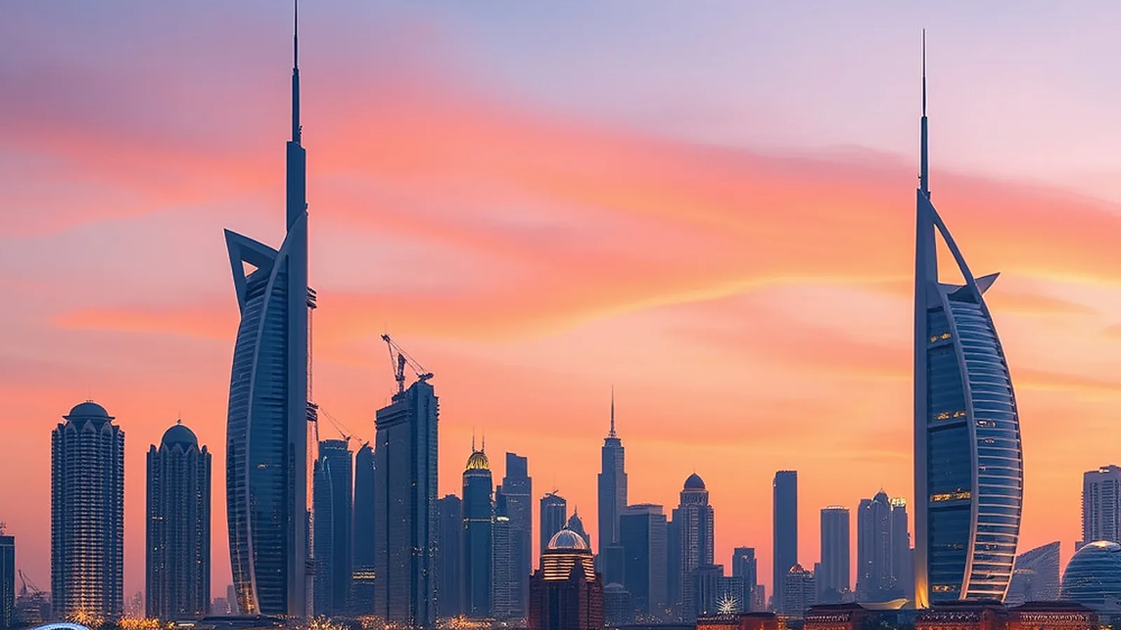 The Dubai skyline at sunset, with the sail-shaped Burj Al Arab silhouetted against an orange sky