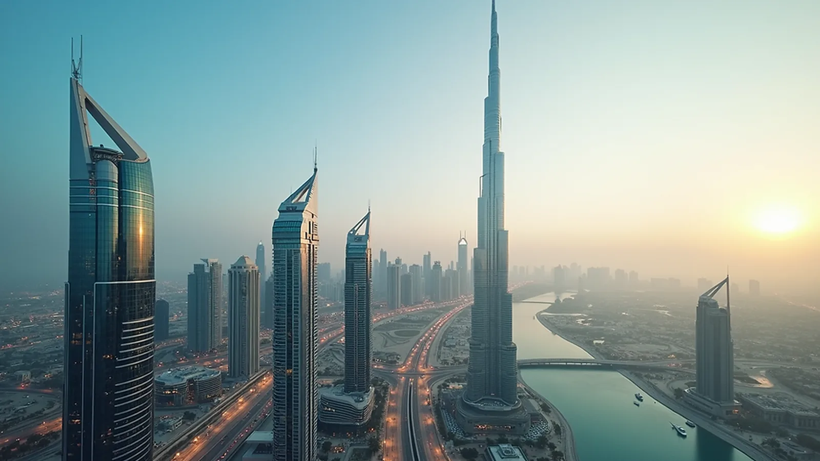 Aerial view along Sheikh Zayed Road towards the Burj Khalifa in morning haze