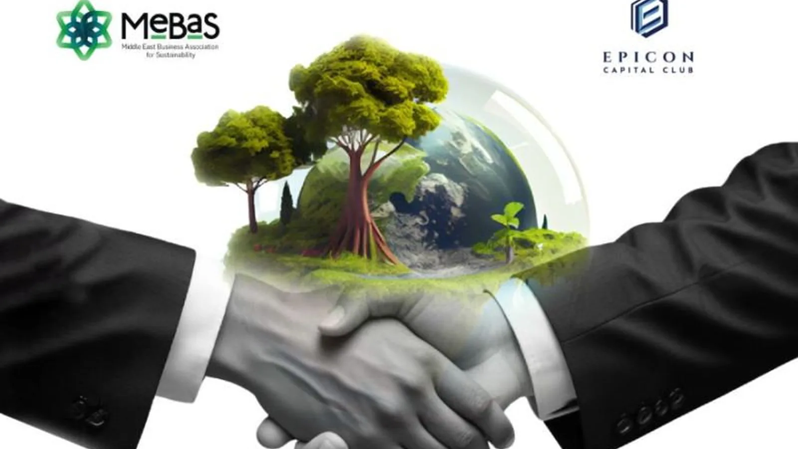 Two people in suits shaking hands beneath the MeBaS and Epicon Capital Club logos, above a globe wrapped in green trees