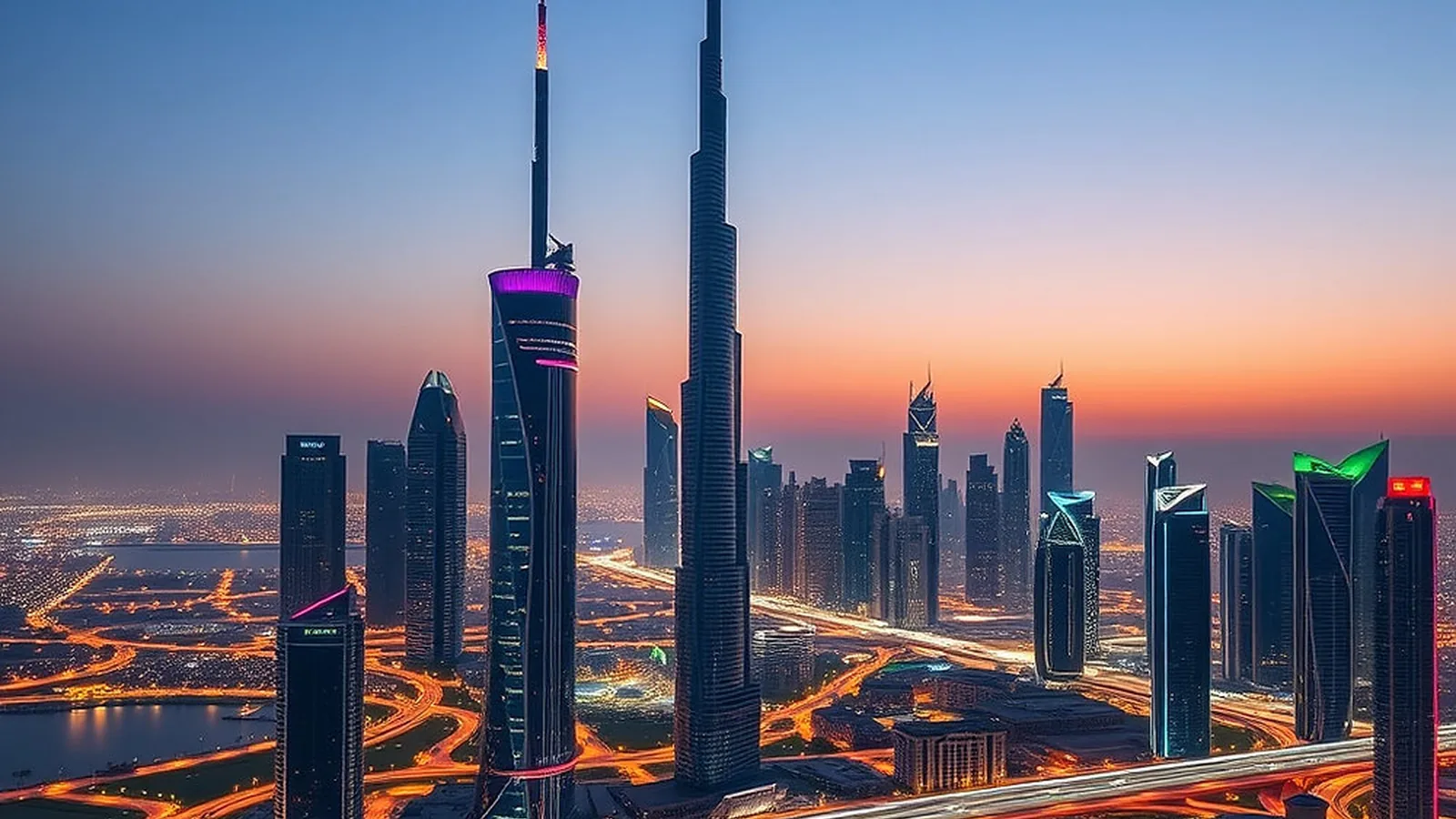 Downtown Dubai lit at dusk, the Burj Khalifa rising above illuminated highways