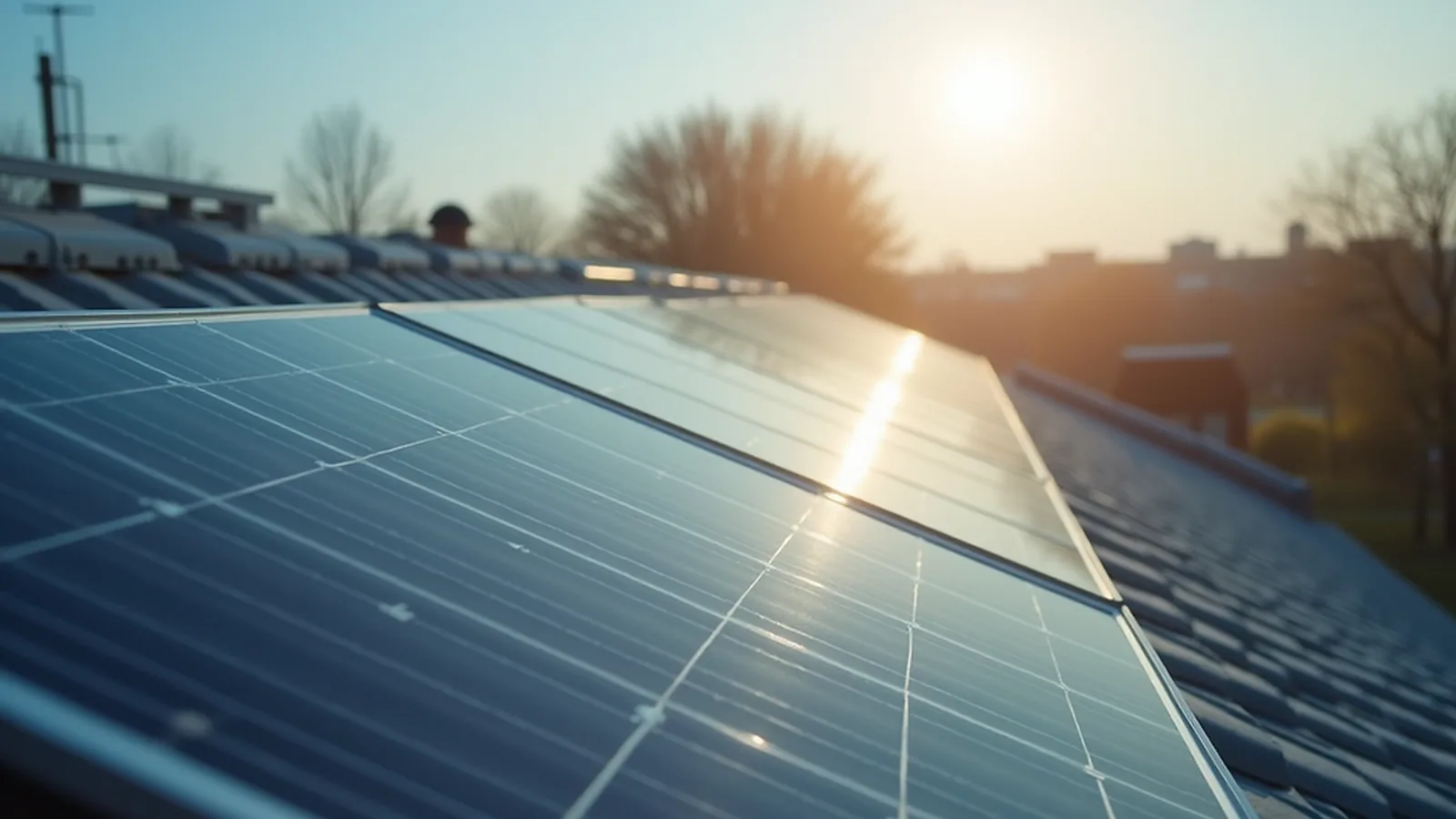 Rows of solar panels catching low sunlight on a rooftop array