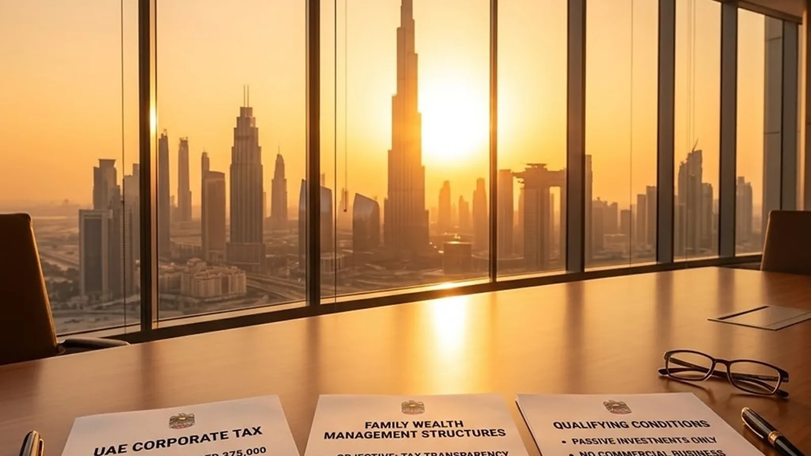Printed notes on UAE corporate tax and family wealth management structures on a boardroom table, with the Burj Khalifa through the window at sunrise