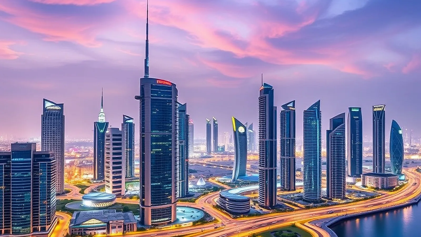 Dubai's towers and highways at dusk beneath a violet sky