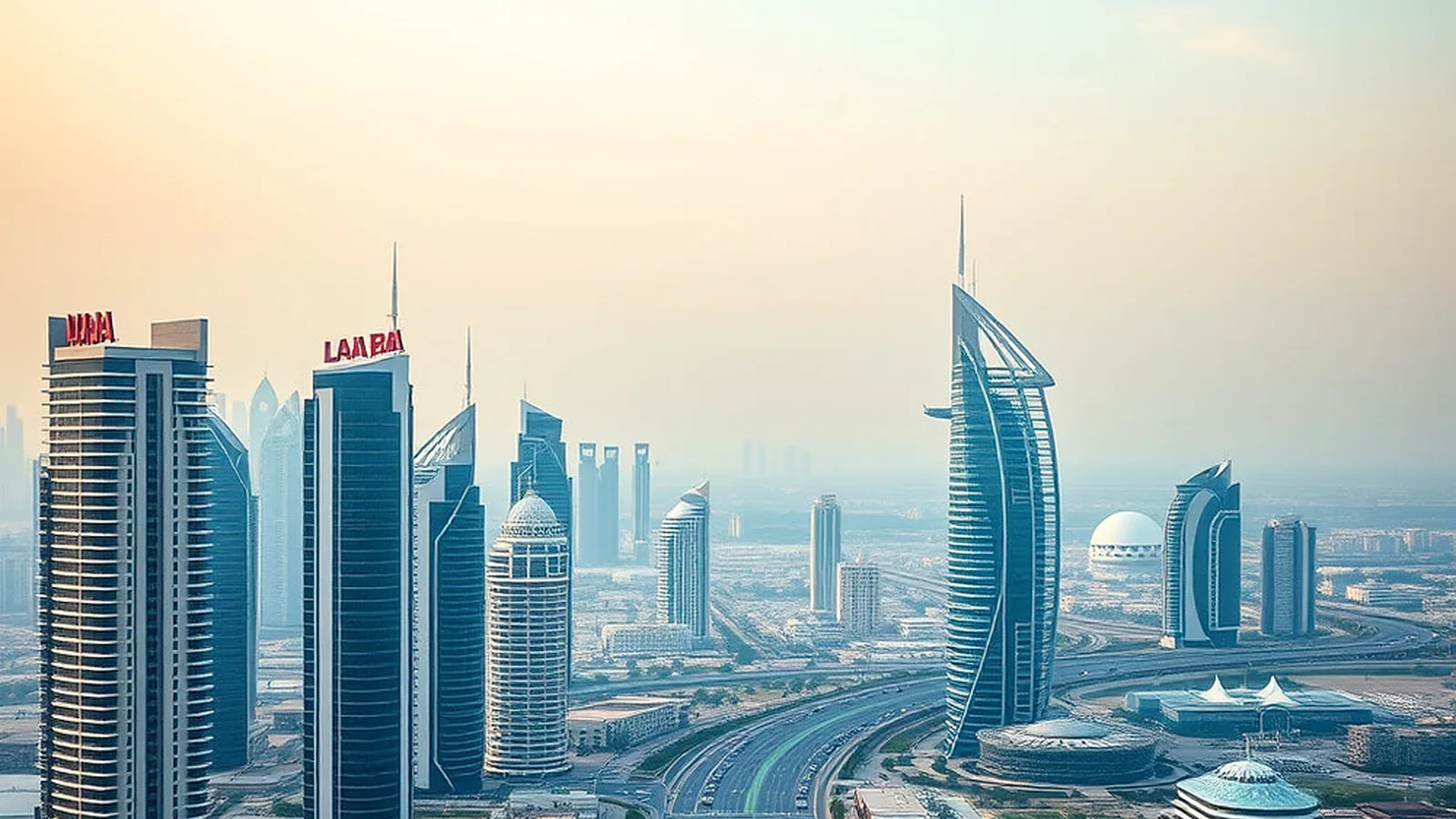 Dubai's coastal towers and the Burj Al Arab seen through daytime haze