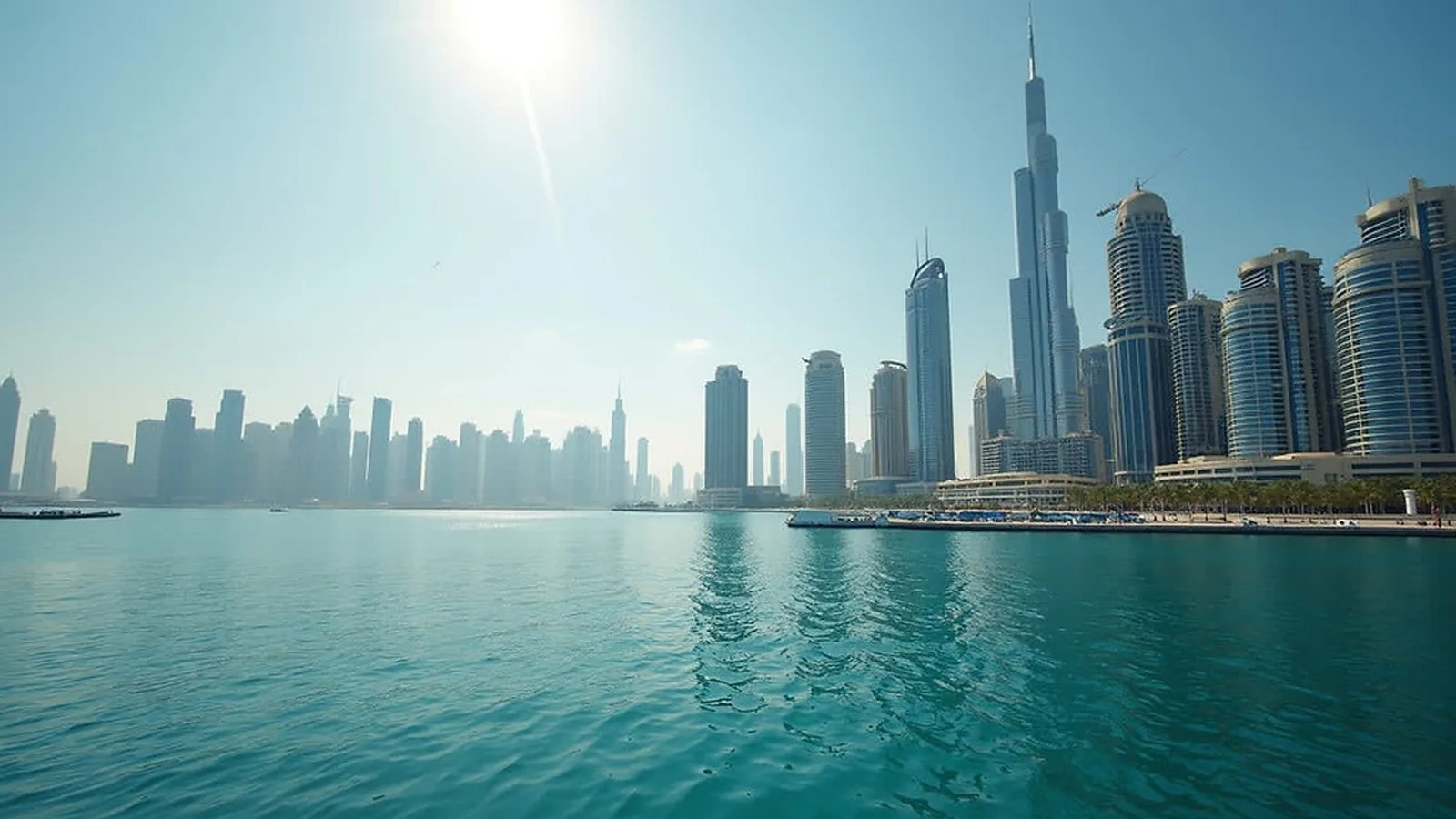 Dubai's high-rise skyline seen across calm turquoise water on a hazy day